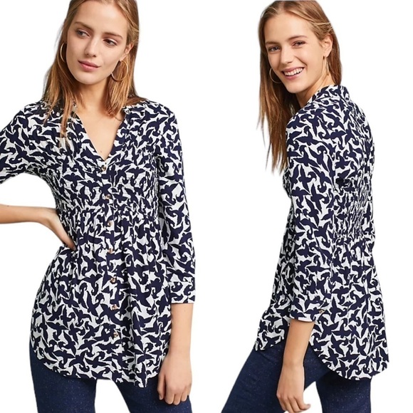 MAUVE Alexa smocked button down, Anthropologie, blue & white size Small - Picture 1 of 7